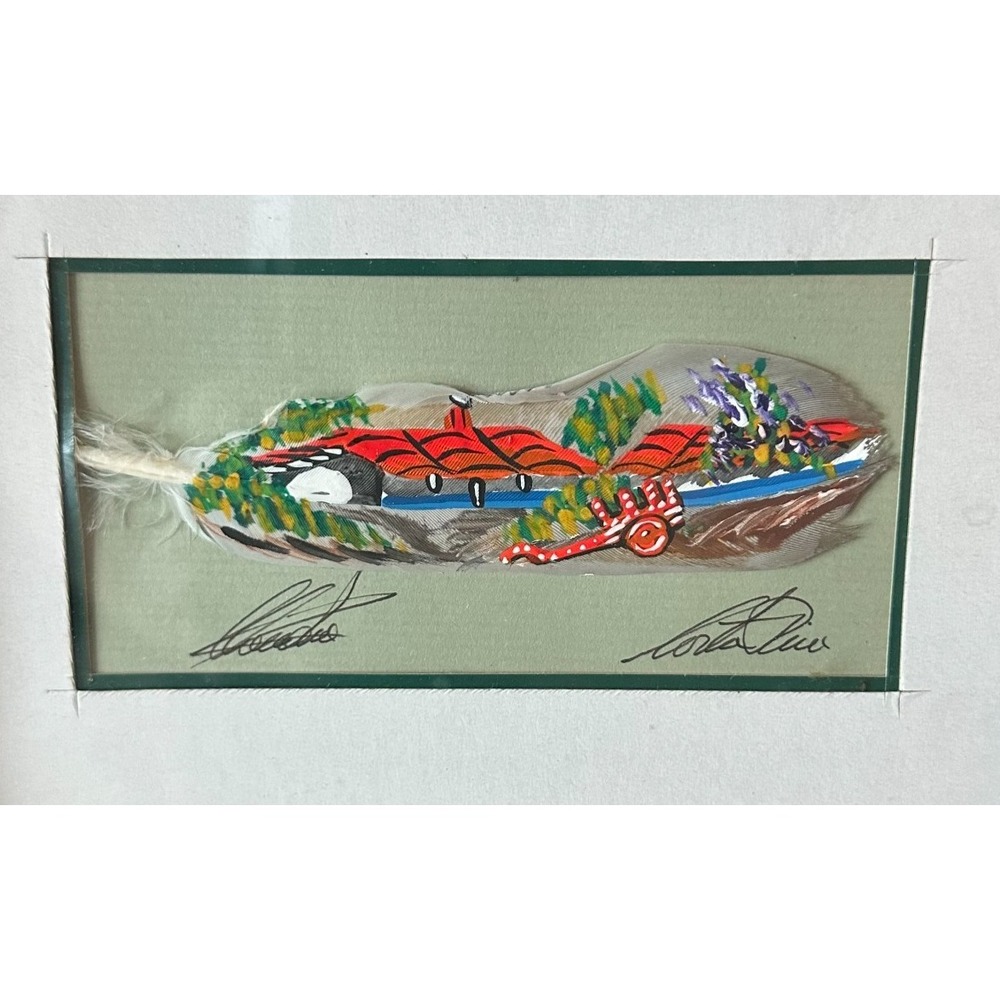 Framed Hand Painted Feather of‎ Village with Cart, Signed 8 x 10